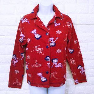 Betty Boop King Features Fleece Pajama PJ Shirt Top M(8) Ski Lodge Snowflake Red